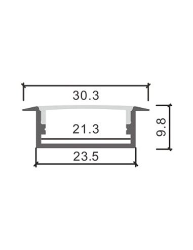 Perfil empotrable para tiras LED LONG aluminio con difusor y accesorios 2 metros, 30,3x9,8mm