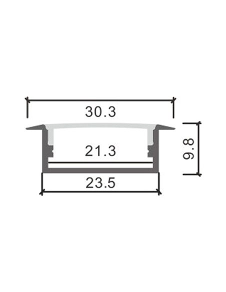 Perfil empotrable para tiras LED LONG aluminio con difusor y accesorios 2 metros, 30,3x9,8mm