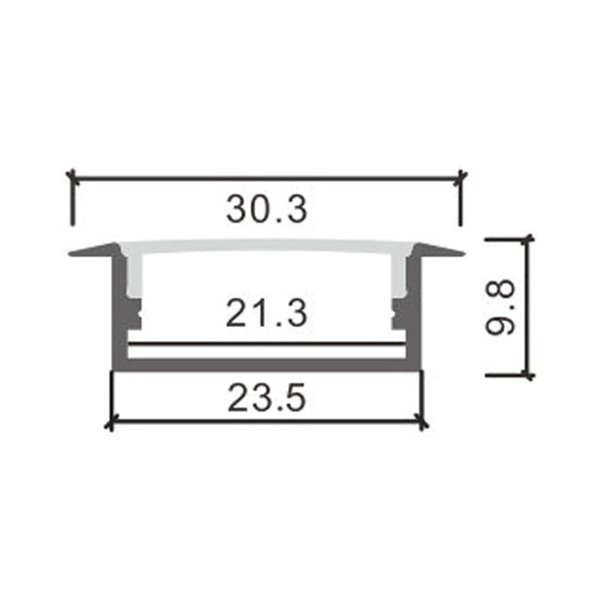 Perfil empotrable para tiras LED LONG aluminio con difusor y accesorios 2 metros, 30,3x9,8mm