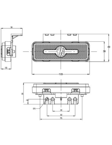 Dimensões: LED frontal e refletor retangular branco com logotipo iluminado e suportes 12V-24V A IA W254