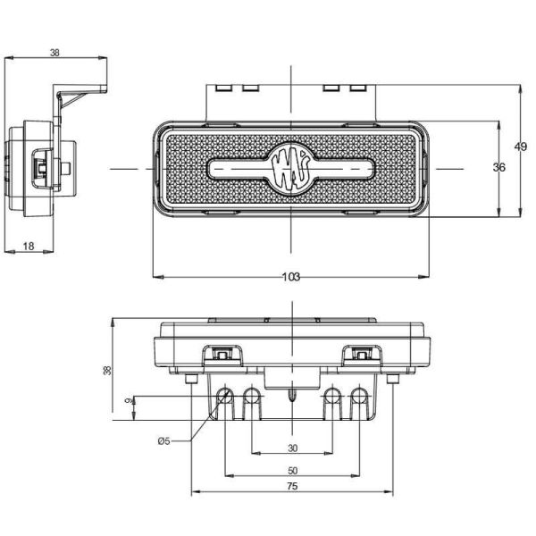 Dimensões: LED frontal e refletor retangular branco com logotipo iluminado e suportes 12V-24V A IA W254