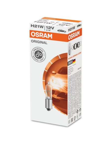 Lâmpada ORIGINAL OSRAM H21W BAY9s 12V com base metálica – Substituição OEM para sinalização.