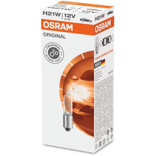 Lâmpada ORIGINAL OSRAM H21W BAY9s 12V com base metálica – Substituição OEM para sinalização.