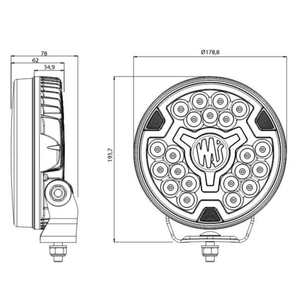 Farol multifuncional LED HR XA1 AD de 7" com luz de advertência âmbar e luz de posição branca.