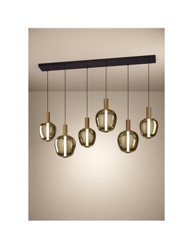 Luminária pendente linear de LED com 6 lâmpadas e controle por gestos FRUITERA 1450mm CCT, dimerizável, preta e latão escovado.