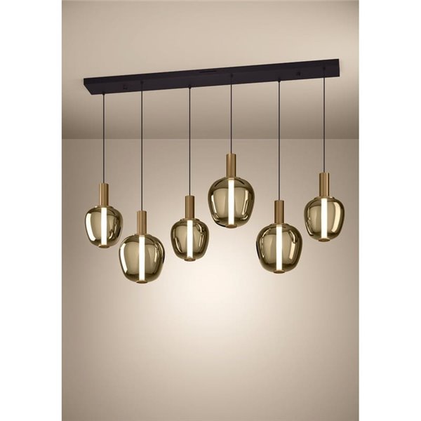 Luminária pendente linear de LED com 6 lâmpadas e controle por gestos FRUITERA 1450mm CCT, dimerizável, preta e latão escovado.