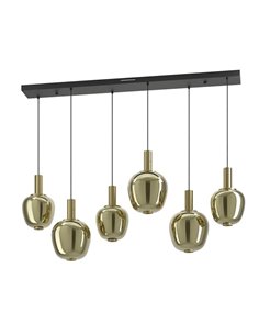 Luminária pendente linear de LED com 6 lâmpadas e controle por gestos FRUITERA 1450mm CCT, dimerizável, preta e latão escovado.