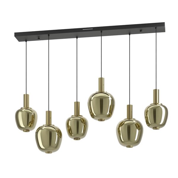 Luminária pendente linear de LED com 6 lâmpadas e controle por gestos FRUITERA 1450mm CCT, dimerizável, preta e latão escovado.