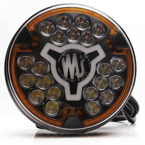 Farol multifuncional LED HR XA1 AD de 7" com luz de advertência âmbar e luz de posição branca.