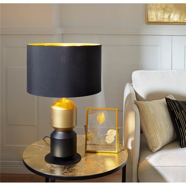 Lampe de table LAURIGNANO E27 noire et dorée avec abat-jour textile Ø320 mm