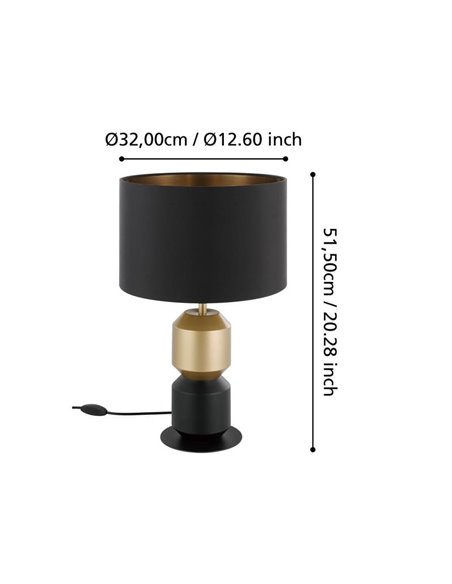 Lámpara de sobremesa LAURIGNANO E27 negra y dorada con pantalla textil Ø320mm