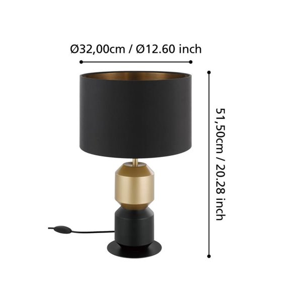 Lámpara de sobremesa LAURIGNANO E27 negra y dorada con pantalla textil Ø320mm