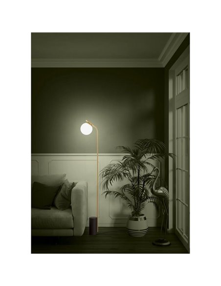 Lampadaire BETULIA E27, noir et laiton mat avec globe opale Ø120 mm