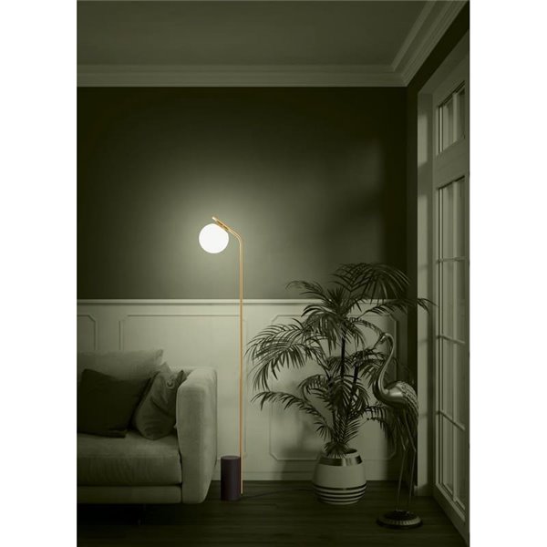 Lampadaire BETULIA E27, noir et laiton mat avec globe opale Ø120 mm