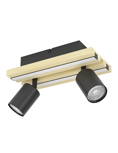 Plafón con 2 focos orientables y panel LED de madera negra/natural GESTEIRA, 14W 1100Lm, 3000K