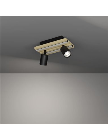 Luminária de teto GESTEIRA com 2 spots ajustáveis e painel de LED em madeira natural/preta, 14W 1100lm, 3000K