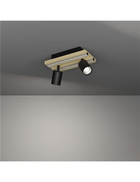 Plafón con 2 focos orientables y panel LED de madera negra/natural GESTEIRA, 14W 1100Lm, 3000K