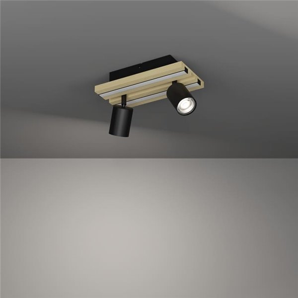 Plafonnier GESTEIRA avec 2 spots orientables et panneau LED noir/bois naturel, 14 W, 1100 lm, 3000 K