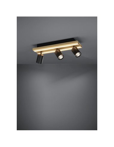 Luminária de teto GESTEIRA com 3 spots de LED ajustáveis e painel com 2 faixas de LED em madeira, 23W 1900lm, 3000K