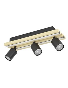 Plafón con 3 focos LED orientables y panel con 2 tiras LED de madera GESTEIRA, 23W 1900Lm, 3000K