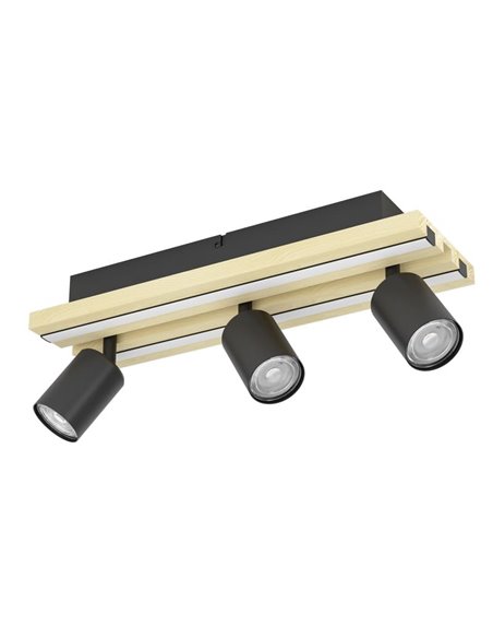 Luminária de teto GESTEIRA com 3 spots de LED ajustáveis e painel com 2 faixas de LED em madeira, 23W 1900lm, 3000K