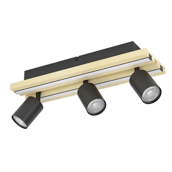 Luminária de teto GESTEIRA com 3 spots de LED ajustáveis e painel com 2 faixas de LED em madeira, 23W 1900lm, 3000K
