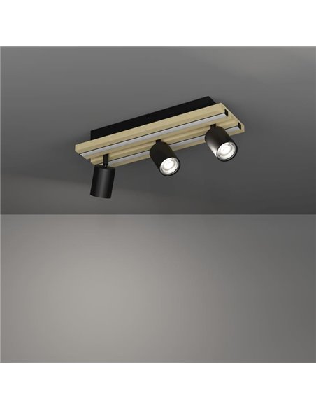 Plafón con 3 focos LED orientables y panel con 2 tiras LED de madera GESTEIRA, 23W 1900Lm, 3000K