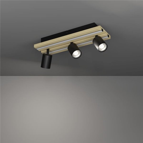 Luminária de teto GESTEIRA com 3 spots de LED ajustáveis e painel com 2 faixas de LED em madeira, 23W 1900lm, 3000K