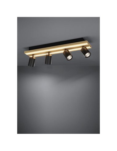 Plafón con 4 focos orientables y panel con 2 LED GESTEIRA, 33W 2300Lm 3000K, negro/madera