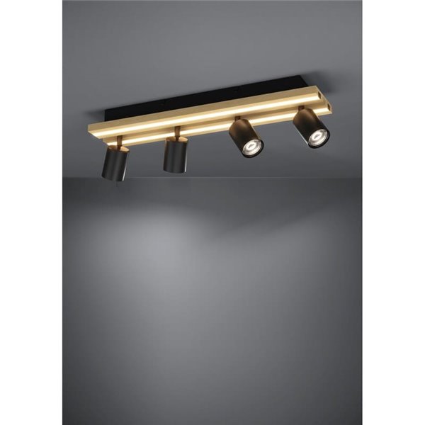Plafonnier GESTEIRA, 33 W, 2 300 lm, 3 000 K, noir/bois, avec 4 spots orientables et panneau à 2 LED.