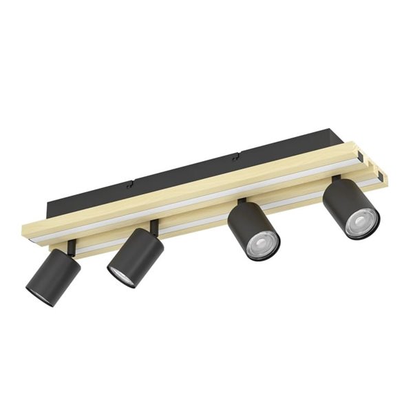 Plafonnier GESTEIRA, 33 W, 2 300 lm, 3 000 K, noir/bois, avec 4 spots orientables et panneau à 2 LED.