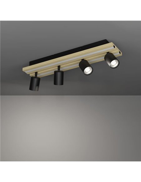 Plafón con 4 focos orientables y panel con 2 LED GESTEIRA, 33W 2300Lm 3000K, negro/madera