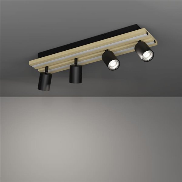 Plafón con 4 focos orientables y panel con 2 LED GESTEIRA, 33W 2300Lm 3000K, negro/madera