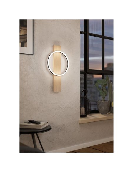 Aplique de pared LED BOYAL negro con aro efecto roble diseño moderno, 12W 1700Lm, 3000K