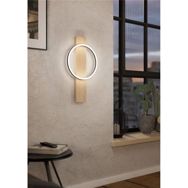 Luminária de parede LED BOYAL, preta com anel em efeito carvalho, design moderno, 12W 1700lm, 3000K