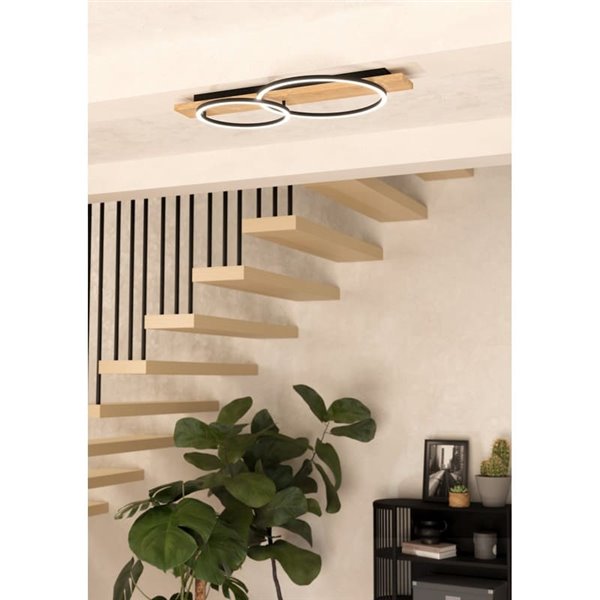 Plafonnier BOYAL sur socle en bois avec 2 anneaux LED 24W 1700lm 3000K lumière chaude noir/chêne 780mm