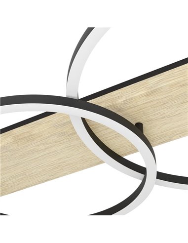 Plafón de techo en base de madera BOYAL con 2 aros LED 24W 1700Lm 3000K luz cálida negro/roble 780MM