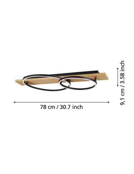 Luminária de teto BOYAL com base de madeira e 2 anéis de LED, 24W, 1700 lúmens, 3000K, luz quente, preto/carvalho, 780 mm