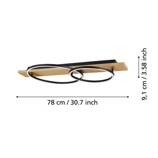 Plafonnier BOYAL sur socle en bois avec 2 anneaux LED 24W 1700LM 3000K lumière chaude noir/chêne 780MM