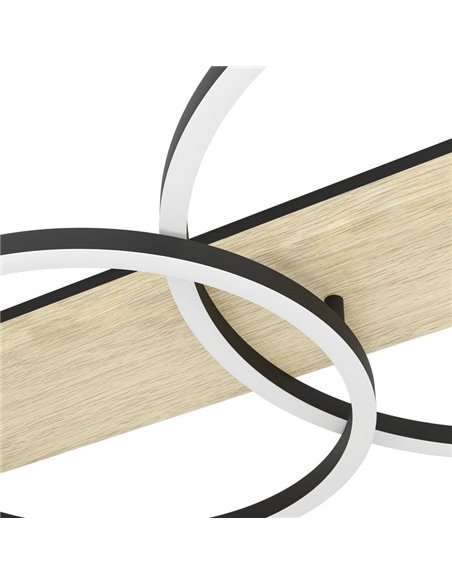 Plafón de techo base madera BOYAL 3 aros LED 36W 5100Lm 3000K, negro/roble 1010mm