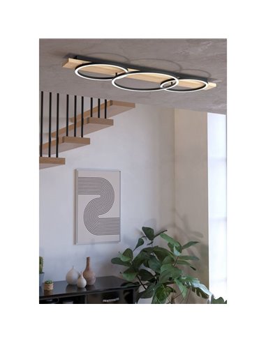 Plafón de techo base madera BOYAL 3 aros LED 36W 5100Lm 3000K, negro/roble 1010mm