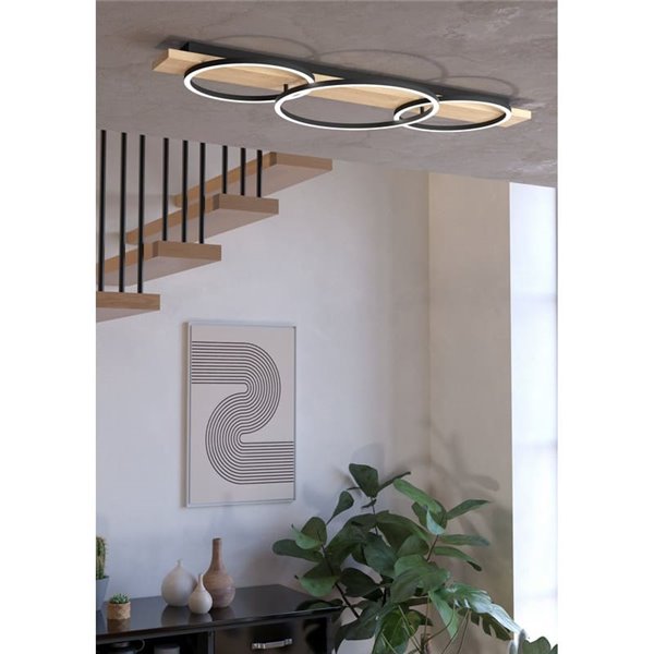 Plafón de techo base madera BOYAL 3 aros LED 36W 5100Lm 3000K, negro/roble 1010mm