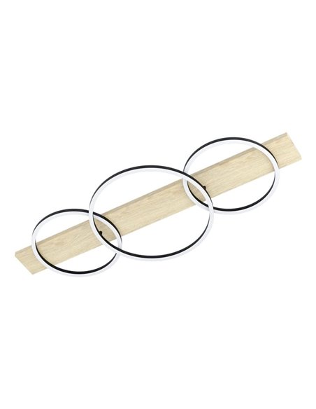 Plafón de techo base madera BOYAL 3 aros LED 36W 5100Lm 3000K, negro/roble 1010mm