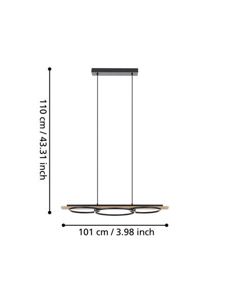 Lámpara colgante con 3 aros LED y base de madera BOYAL 24W 1700Lm 3000K, negro/roble 780mm