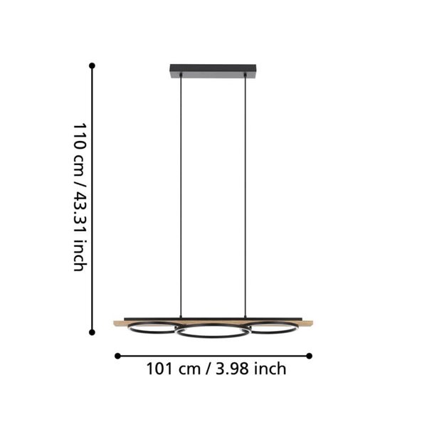 Lámpara colgante con 3 aros LED y base de madera BOYAL 24W 1700Lm 3000K, negro/roble 780mm