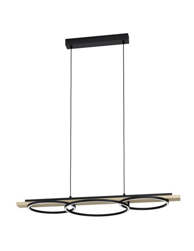 Luminária pendente BOYAL 24W 1700lm 3000K com 3 anéis de LED e base de madeira, preta/carvalho 780mm