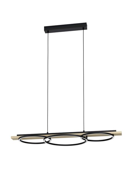 Luminária pendente BOYAL 24W 1700lm 3000K com 3 anéis de LED e base de madeira, preta/carvalho 780mm