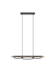 Luminária pendente BOYAL 24W 1700lm 3000K com 3 anéis de LED e base de madeira, preta/carvalho 780mm