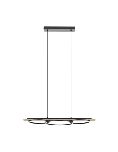 Lámpara colgante con 3 aros LED y base de madera BOYAL 24W 1700Lm 3000K, negro/roble 780mm