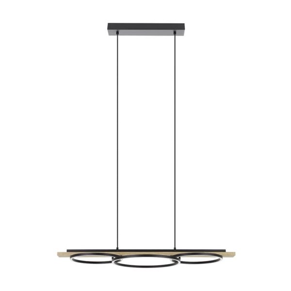 Luminária pendente BOYAL 24W 1700lm 3000K com 3 anéis de LED e base de madeira, preta/carvalho 780mm